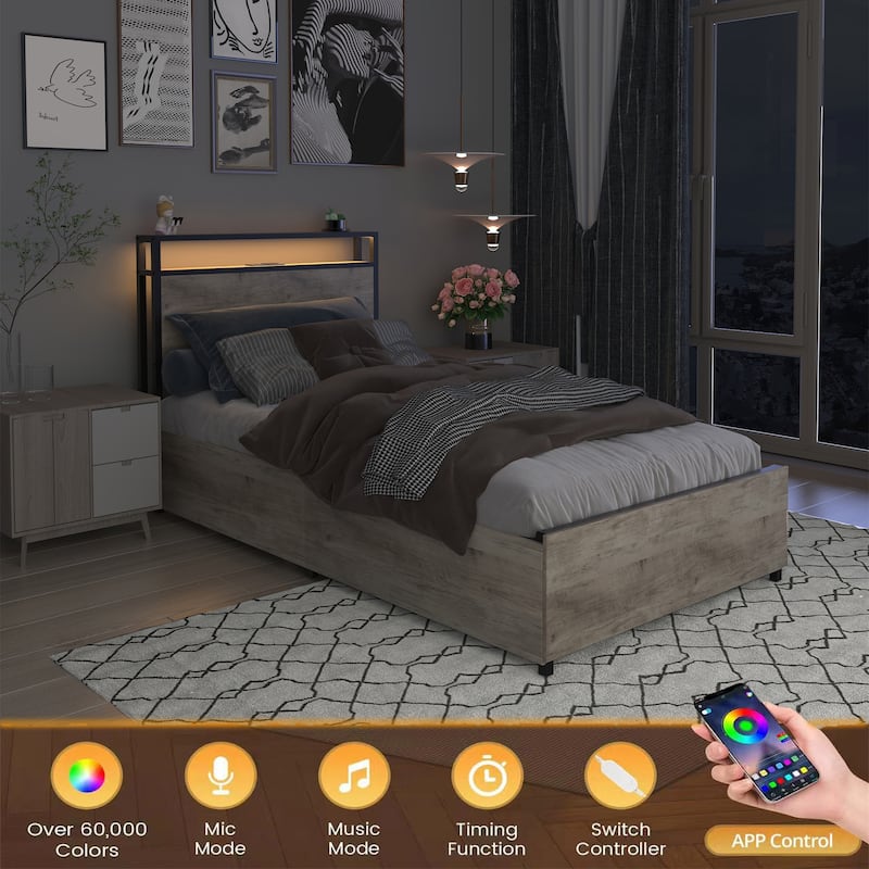 Twin Size Platform Bed Frame,Storage Headboard with Charging Station