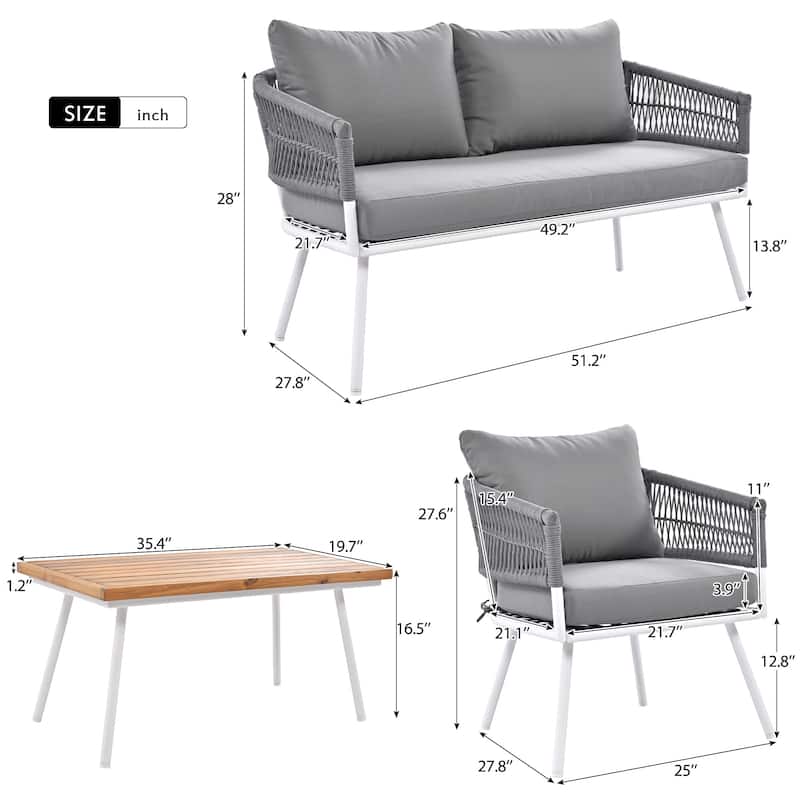 4-Piece Patio Furniture Set, Outdoor Furniture with Acacia Wood Table, Patio Conversation Set with Cushion