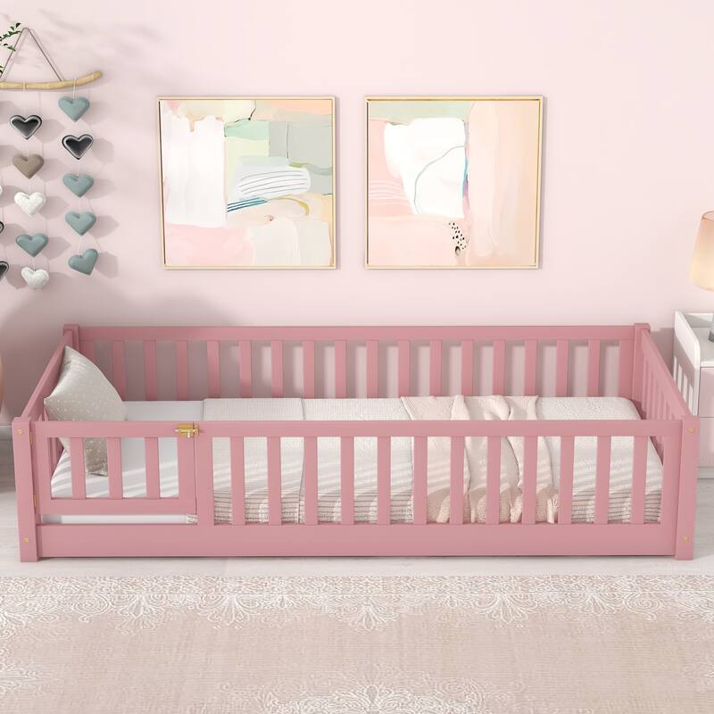 Twin Size Pine Wood Floor Platform Bed with Safety Fence and Door,7-Slat Design