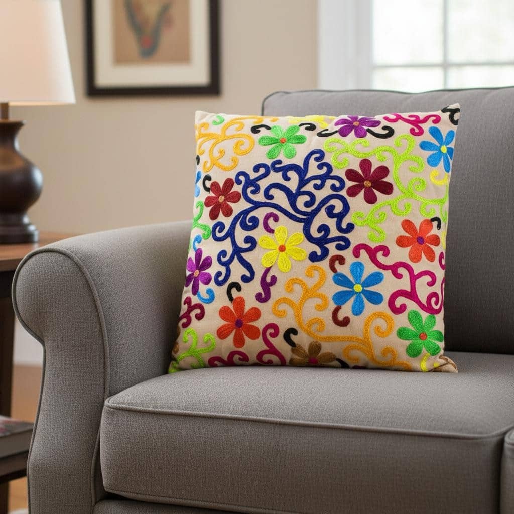 Set of Two 20" Natural Blue And Yellow Floral Cotton Throw Pillows with Embroidery