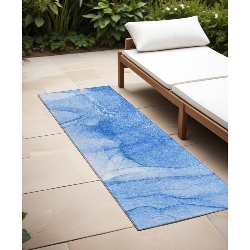 Dava Modern Art-Inspired Weather Resistant Timeless Fusion Outdoor Rug - 8' Runner - Blue
