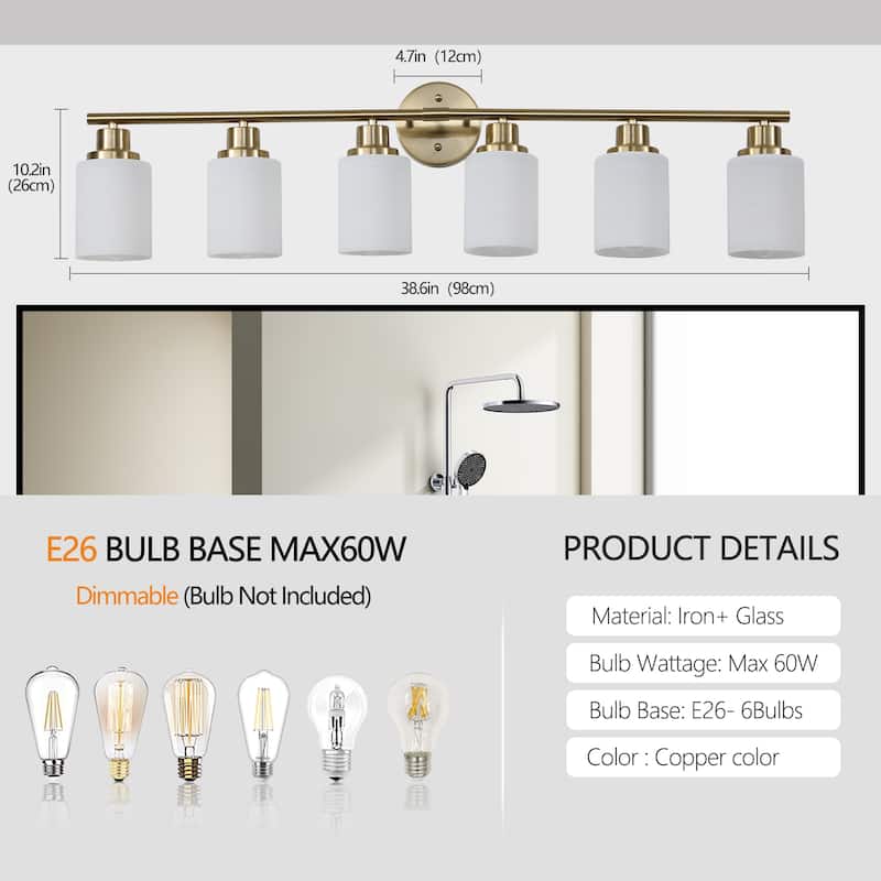 39" Modern 6-Light Vanity Wall Sconce, Golden Finish with Frosted Glass Shades for Bathroom or Hallway Lighting (No Bulbs)