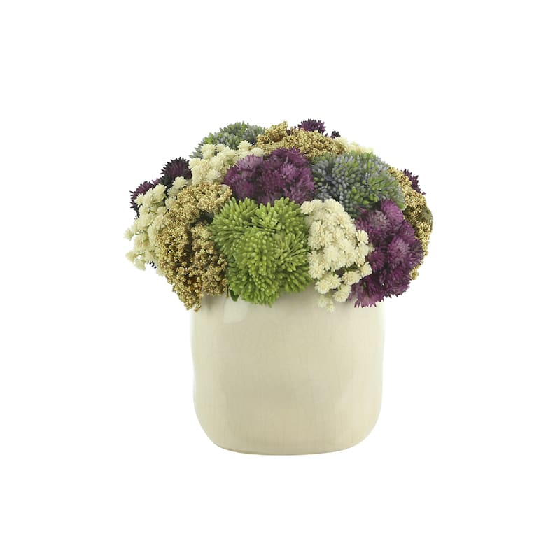 Sedum and Baby's Breath Floral Arrangement in a Ceramic Vase - White, Beige, Purple, Green