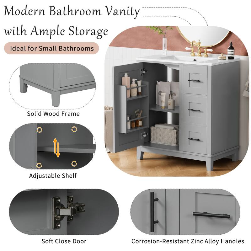 30-inch bathroom vanity with ceramic sink, rubberwood frame, MDF panels, one door with double storage racks, 3 drawers