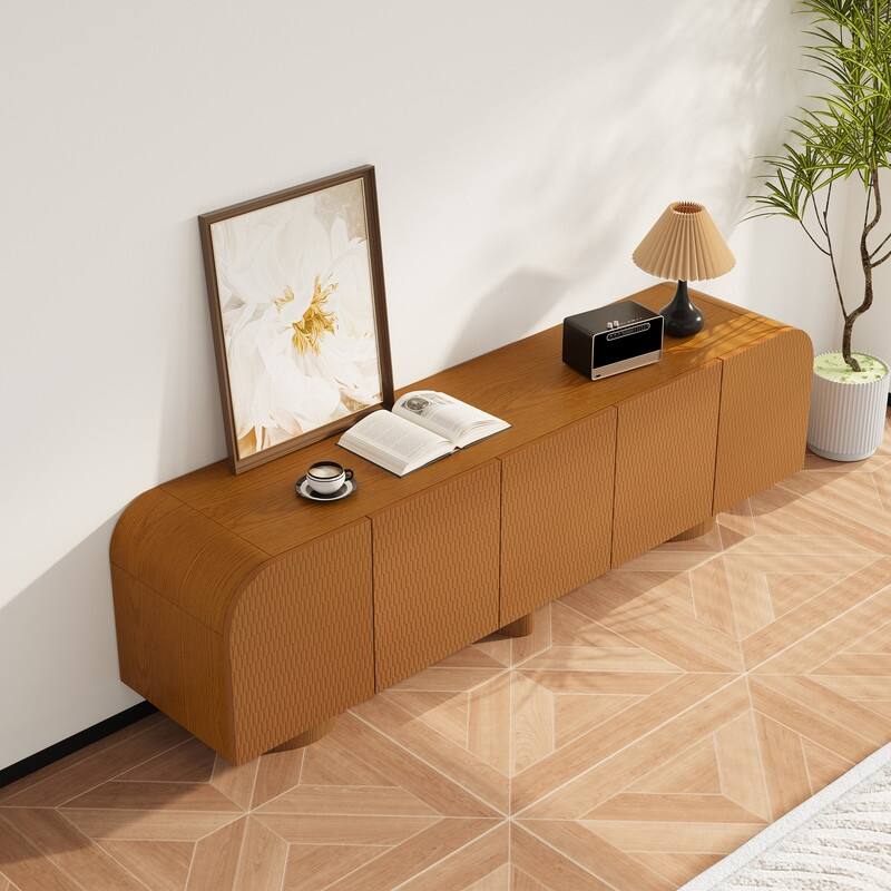 71" Mid Century TV Stands, Solid Wood Veneer, Fully Assembled Media Console, 4 Cabinets