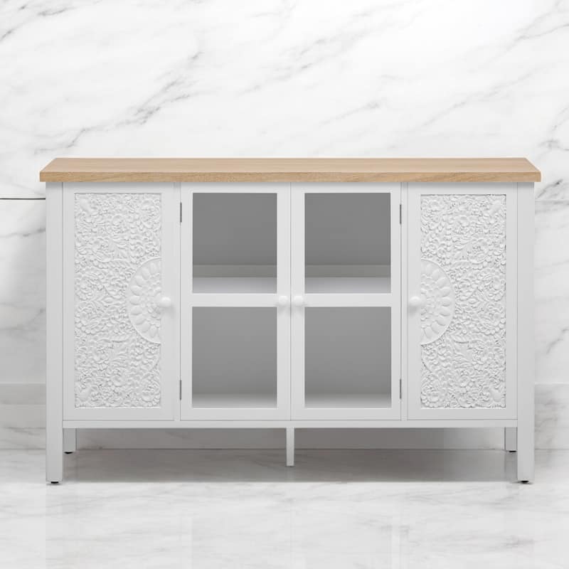 47.2" Retro TV Stand for TVs up to 43 Inches, Media Console with Glass Cabinet Doors, 3 Spacious Cabinets, Adjustable Shelves