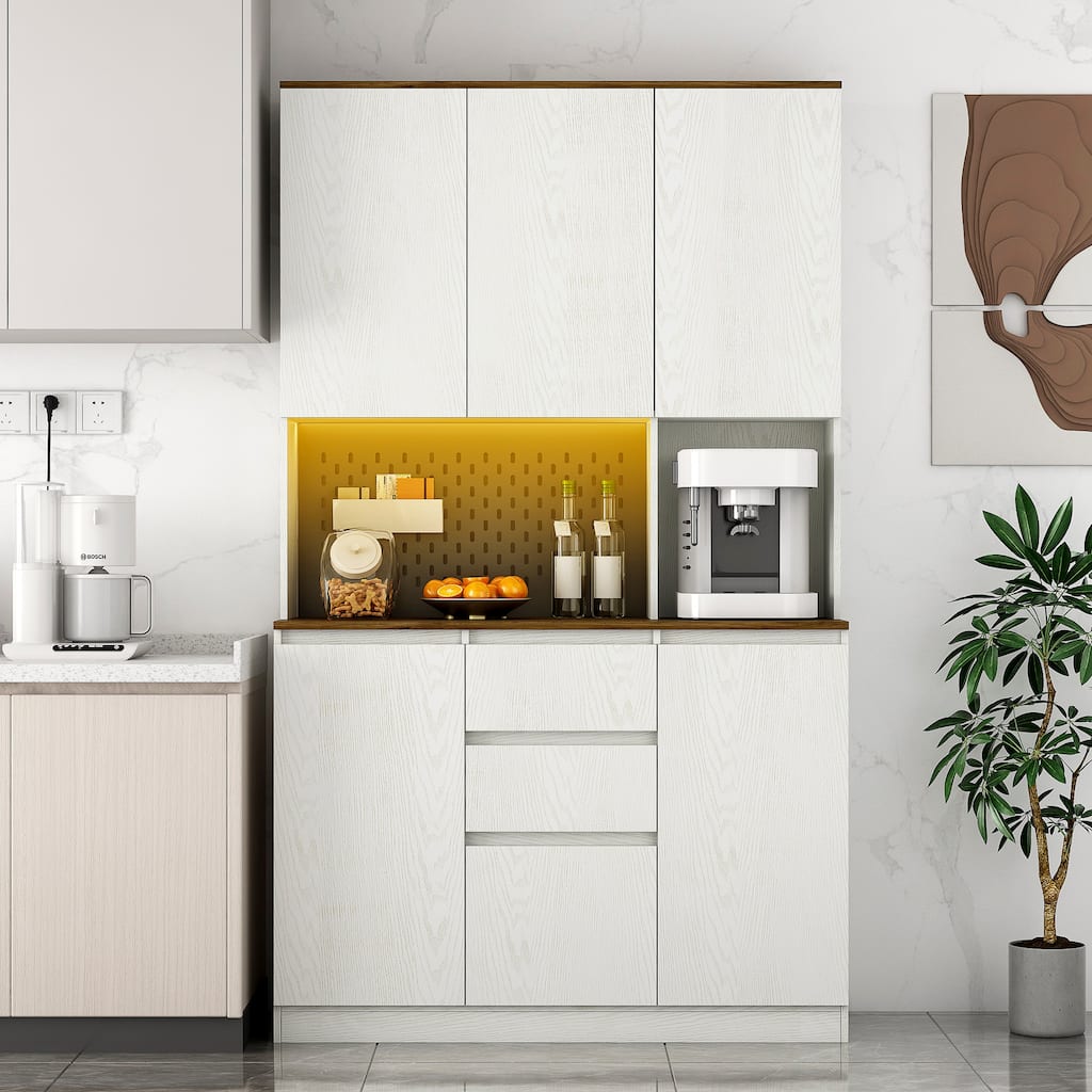 Kitchen Pantry Cabinet with Charging Station, Freestanding Buffet with LED Lights, Storage Cabinet with Charging Station