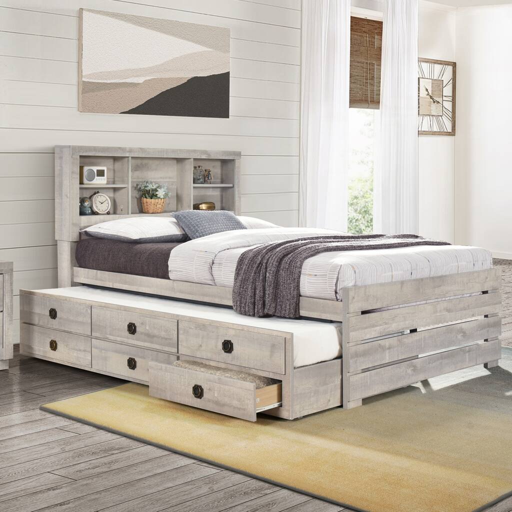 Farmhouse Style Full Size Bookcase Captain Bed with Three Drawers and Trundle, Rustic White