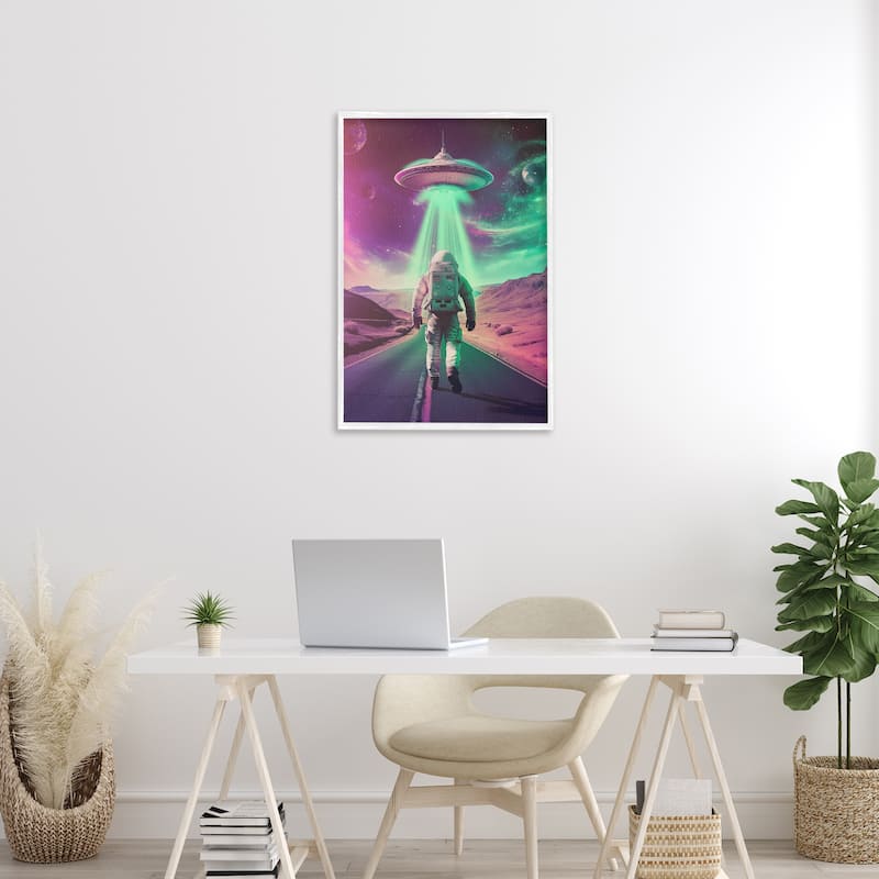 Stupell Astronaut Walking Toward UFO Framed Giclee Art Design By Wumples