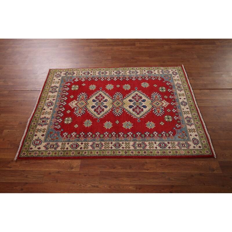 Red Geometric Kazak Accent Rug Hand-Knotted Wool Carpet - 3'5" x 4'10"