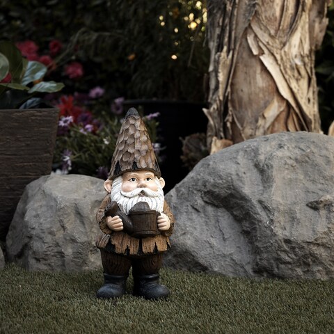 Alpine Corporation 16"H Indoor/Outdoor Garden Gnome with Watering Can Statue, Brown