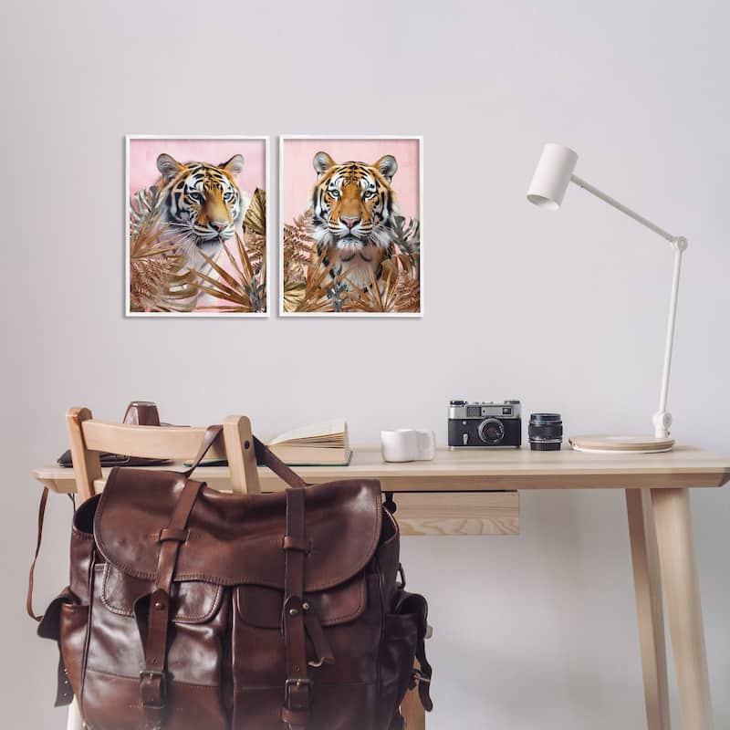 Stupell Fierce Tigers & Gold Leaves Framed Giclee Art Design By Kim Allen (Set of 2)