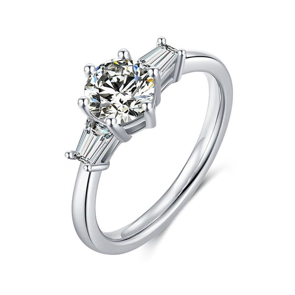 Platinum Plated Silver 1 CT Moissanite Engagement Ring andCZ Baguettes. Opens flyout.