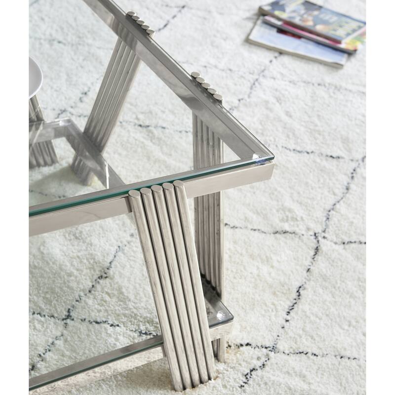 Modern Stainless Steel Coffee Table 2 Tier Tempered Glass Coffee Table with Storage Space, for Living Room, Silver