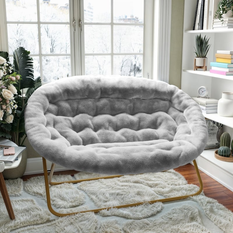 Folding Synthetic Fur Double Saucer Chair with Steel Frame - 27.5"D x 55.5"W x 33.5"H