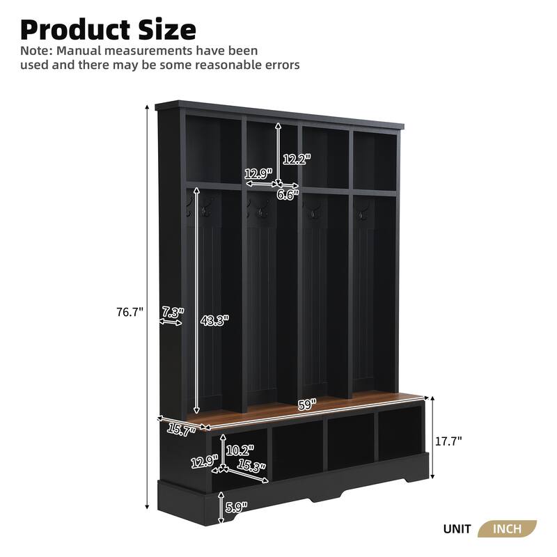 59"W Farmhouse Hall Tree Bench, 8-Hook Coat Rack & Shoe Storage, 76.7"H Modern 3-in-1 Entryway Organizer for Living Room