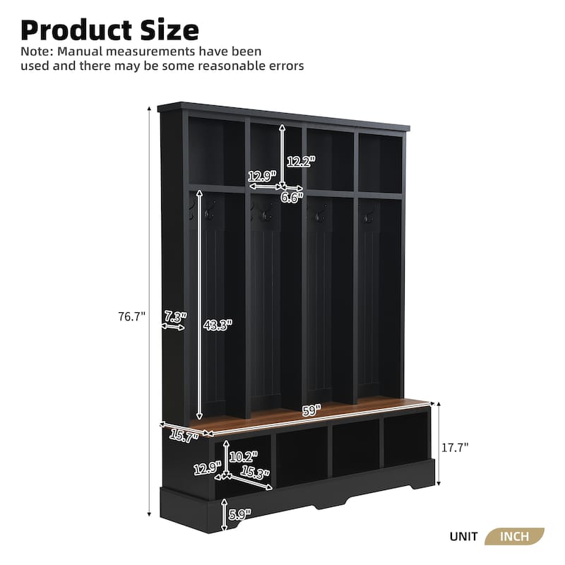Farmhouse 59 in Hall Tree with 8 Hooks, Bench with Open Cubbies, 76.7 in H Entryway Coat & Shoe Organizer