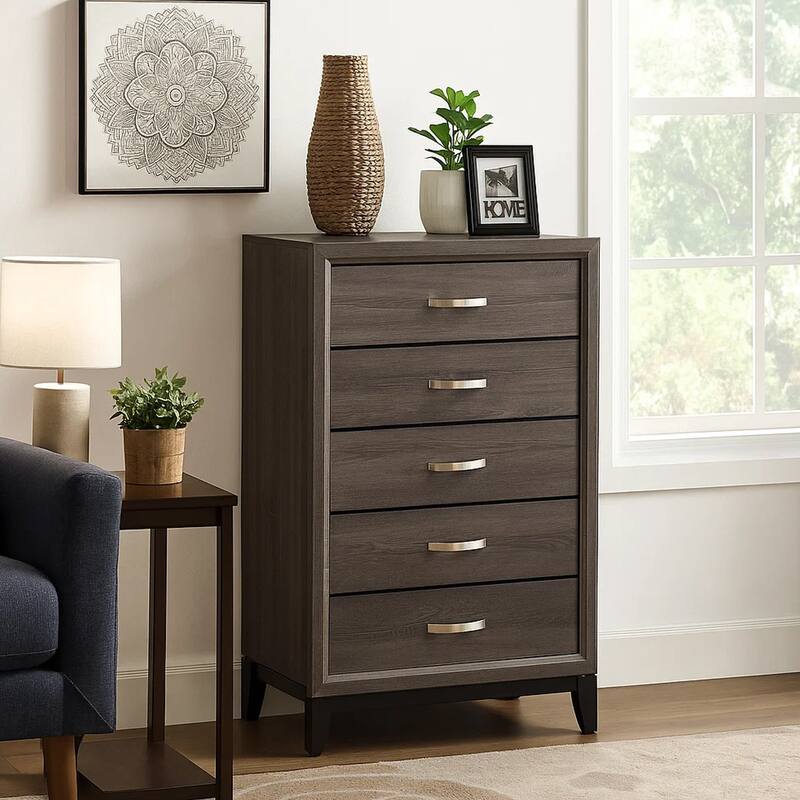 Chest with 5 Storage Drawers and Grain Details, Gray