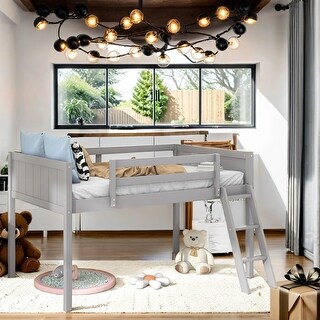 Modern Style Twin Size Wood Low Loft Bed with Ladder, Ladder Can Be Placed On The Left Or Right
