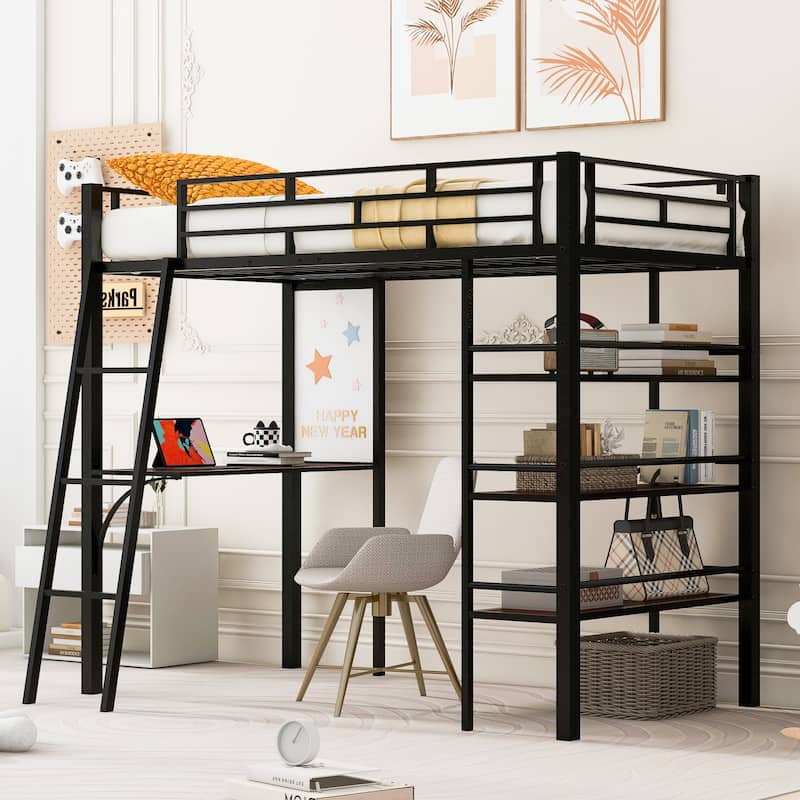 Twin Size Metal Loft Bed with 3-Tier Shelves, Desk, and Whiteboard, Black/White Finish - Black