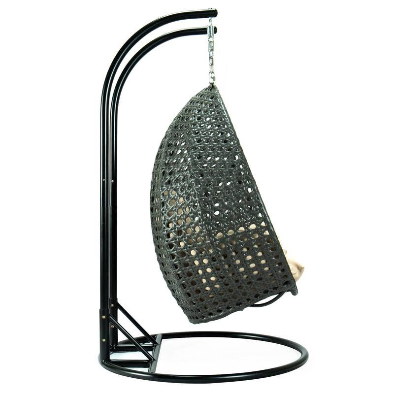 LeisureMod 2-Person Hanging Egg Swing Chair with Metal Stand - Handcrafted Charcoal Wicker, Patio Hammock Lounger with Cushions
