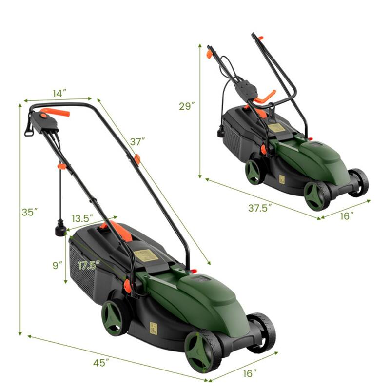 10-AMP Electric Lawn Mower with 13" Cutting Width, Adjustable Heights & 25L Grass Collection Box - 45" x 16" x 35"