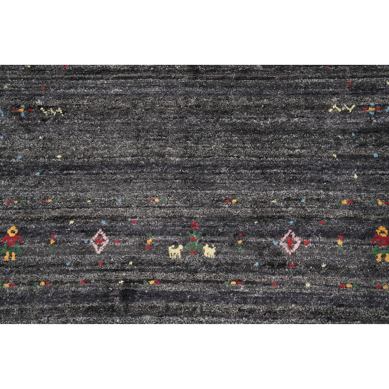 Hand Knotted Oriental Viscose Silk Carpet Tribal Animal Pictorial Greys & Charcoal Gabbeh Runner Rug - 11' 9'' X 4' 0''