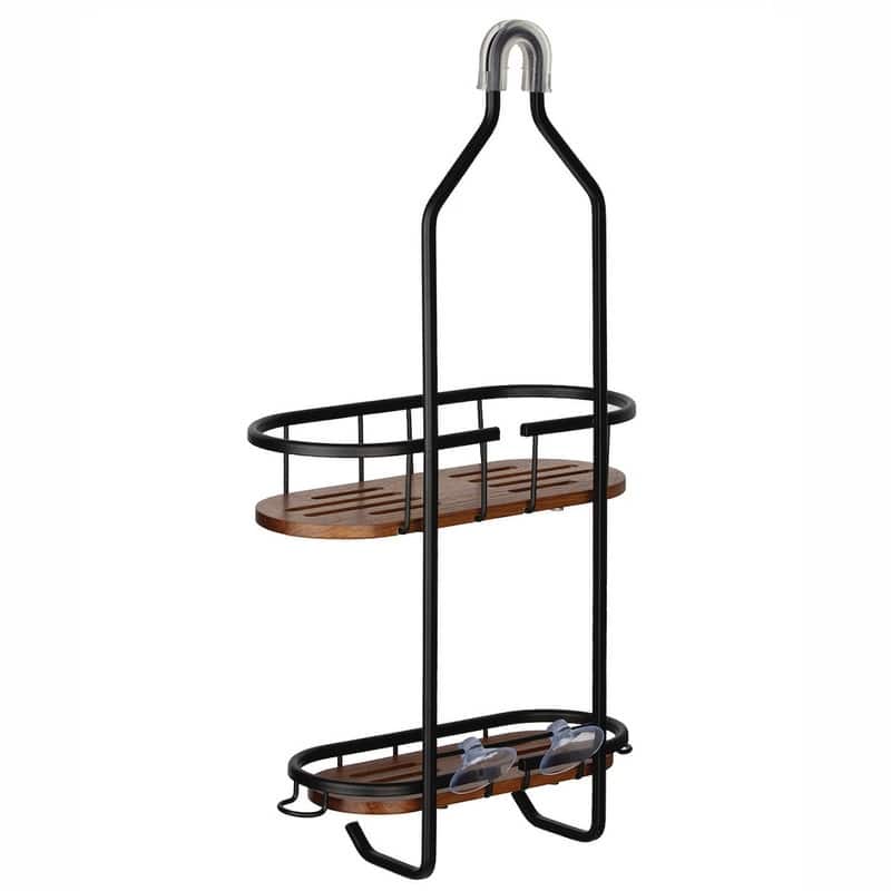 Utopia Alley Tia Rustproof Teak Overhead Shower Caddy with 2 Shelves, Hanging Shower Head Organizer, Chrome & Matte Black Finish