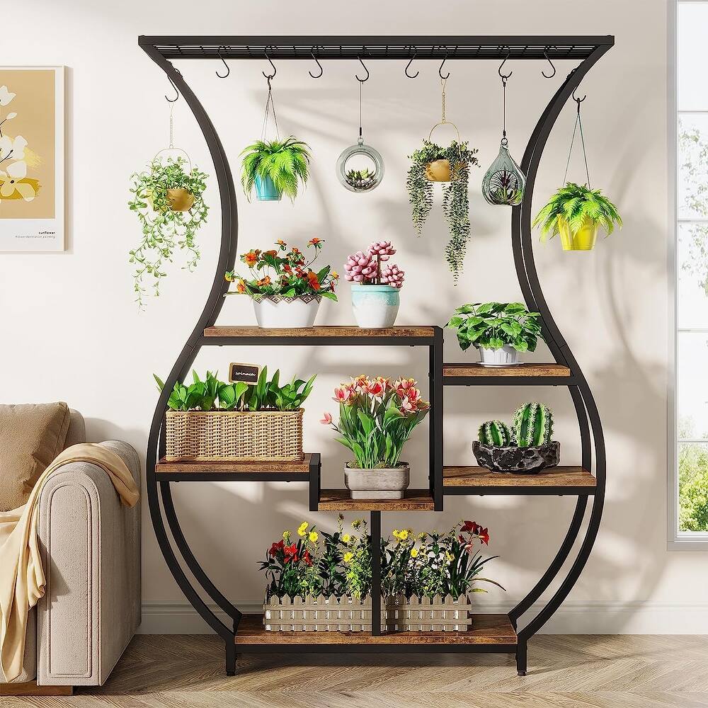 6-Tier Plant Stand with 10 Hanging Hooks, 70.9 Inch Tall Plant Shelf, Vase Shape Ladder Plant Stand