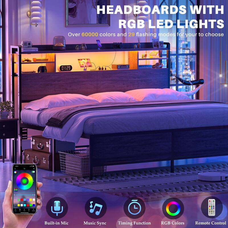 Storage Headboard with USB Port and Power Outlet, Head Board with LED Light for Bed Frame