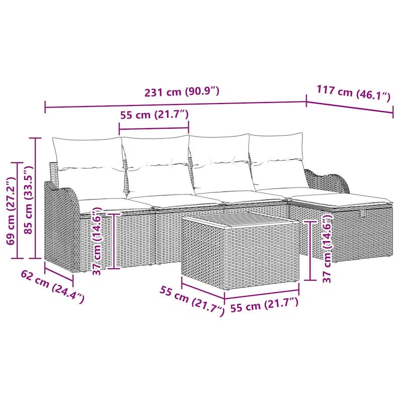 vidaXL 6 Garden Sofa Set with Cushions Black/Grey Poly Rattan - 90.9 x 46.1 x 27.2