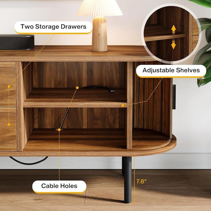 70.87" Walnut Mid-Century Modern Fluted TV Stand with Tambour Sliding Doors for Living Room