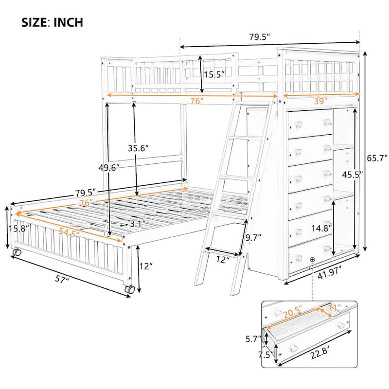 Twin Over Full Bunk Bed with Drawers, Shelves, and Wheels, Gray Finish