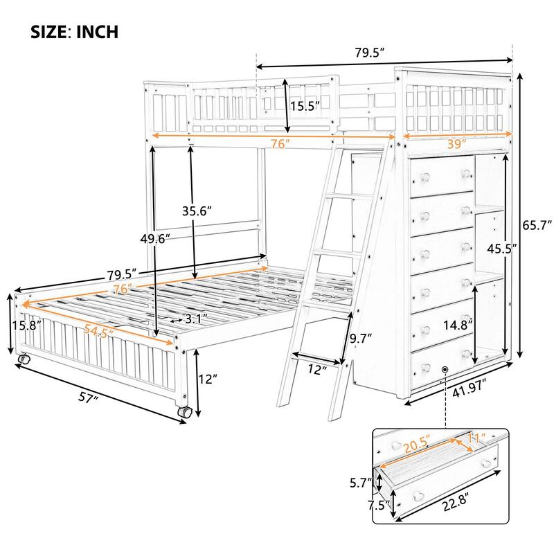 Wooden Twin Over Full Bunk Bed With Six Drawers And Flexible Shelves,Bottom Bed With Wheels,Espresso