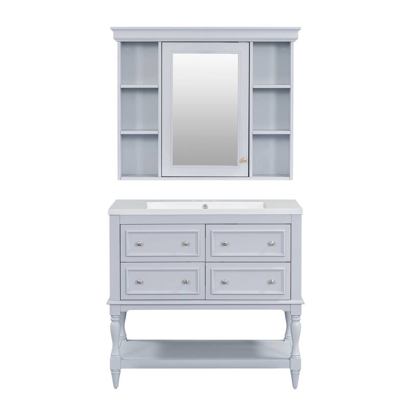 36 inch MDF Freestanding Bathroom Vanity Set with Integrated Resin Sink with Mirror cabinet