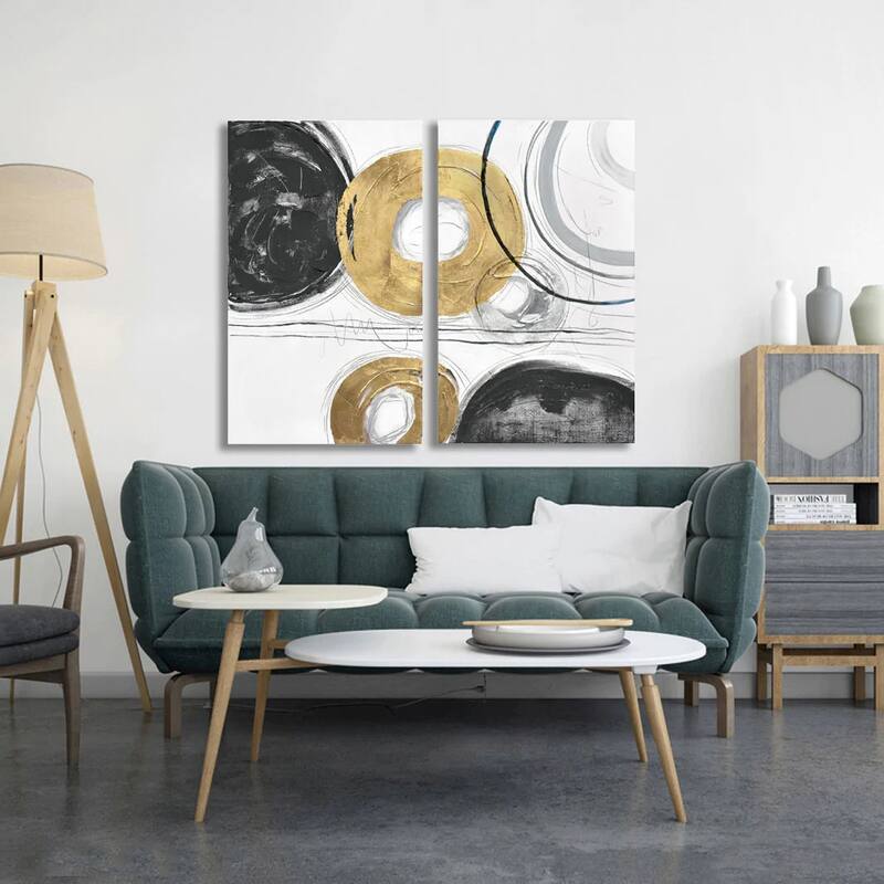Circle Gets The Square Diptych 3D Paint and Leaf on Canvas Wall Art