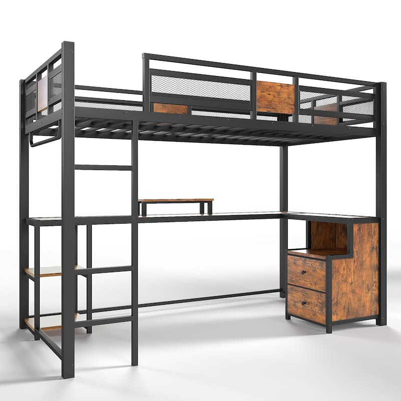 Twin XL Loft Bed with Desk and Storage Non-woven Fabric Drawers with Ladders, Nosie-free and No Spring Box Needed