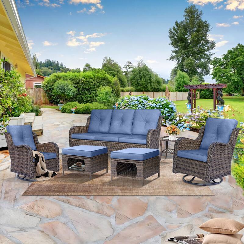 Wicker Patio Furniture Set-Patio Conversation Sets with Swivel Chairs - 6 Piece - Blue/Brown Wicker