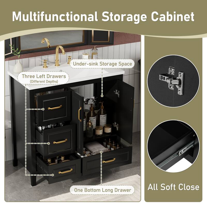 36 inch Bathroom Vanity with Sink, One Cabinet with Soft-closing Doors, 4 Soft-Closing Drawers, Metal Handles