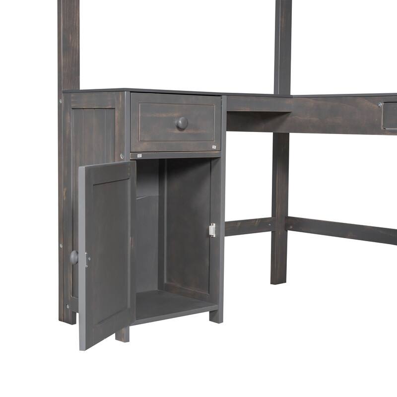 Solid Wood Loft Bed with Bulit-in U-Shaped Desk, 2 Drawers and Cabinet, Twin/Full Size Loft Bedframe w/ Storage Shelves & Ladder