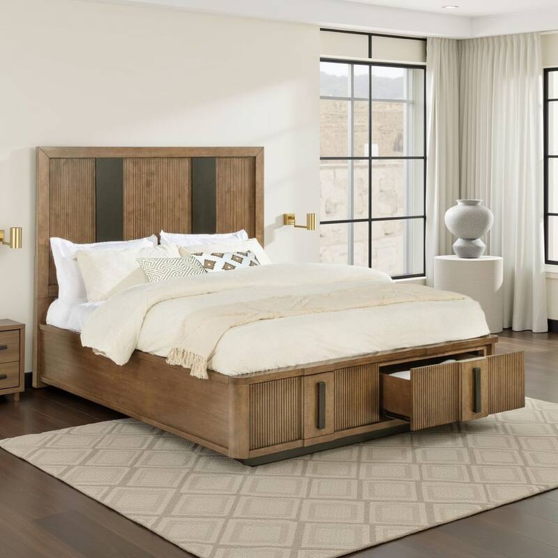 Reon King Platform Bed w 2 Storage Drawers, Reeded Ash Brown Black