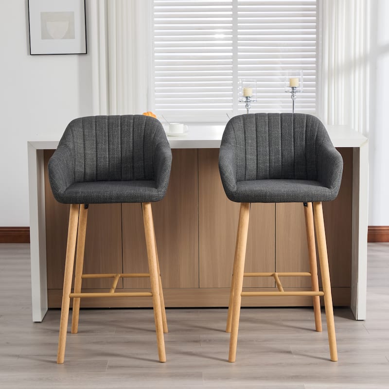 Modern Bar Stools Set of 2, Kitchen Island Tall Chairs with Back, Arm, Footrest and Solid Wood Leg, Upholstered Bar Stools