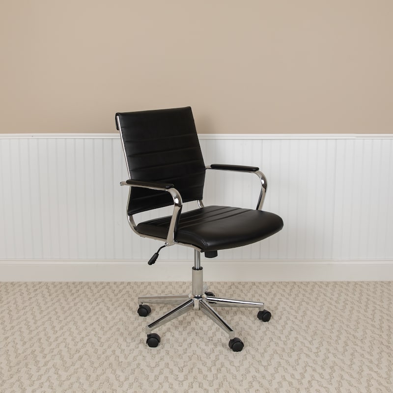 Mid-Back LeatherSoft Contemporary Ribbed Executive Swivel Office Chair - Black