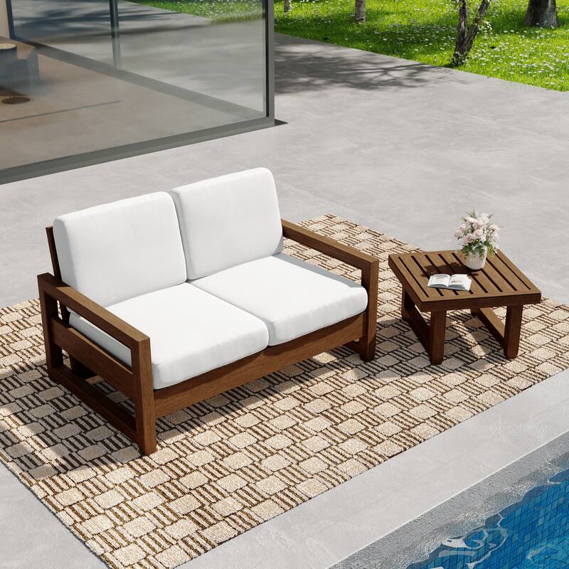 Teak Wood Cushioned Outdoor Patio Loveseat Set with Side Table