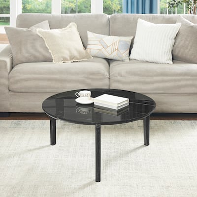 Modern 36-Inch Round Coffee Table-Stylish Imitation Marble Top with Solid Rubber Wood Legs-Elegant Wooden Center Table