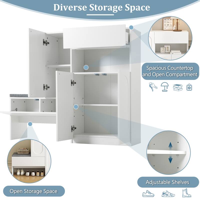 Modern Storage Bench with Arched Doors & Rebound Devices, Versatile Shoe Rack Organizer with Adjustable Shelves
