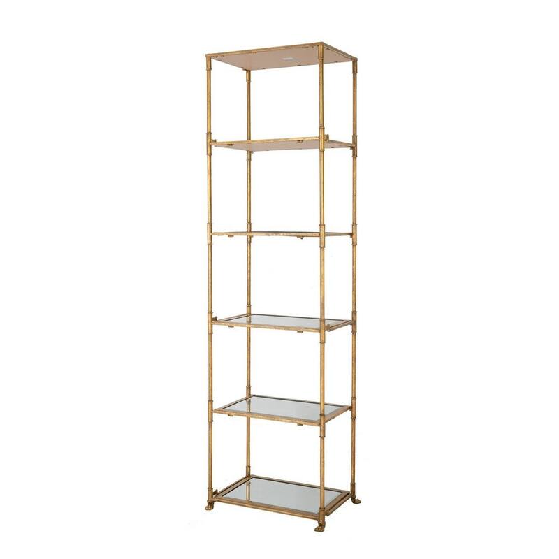 71 Inch Shelf, 6 Tier Design, 5 Glass Shelves, Iron Frame, Gold Finish - 70.5 H x 14.5 W x 20 L Inches - Gold