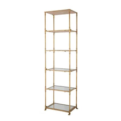 71 Inch Shelf, 6 Tier Design, 5 Glass Shelves, Iron Frame, Gold Finish - 70.5 H x 14.5 W x 20 L Inches