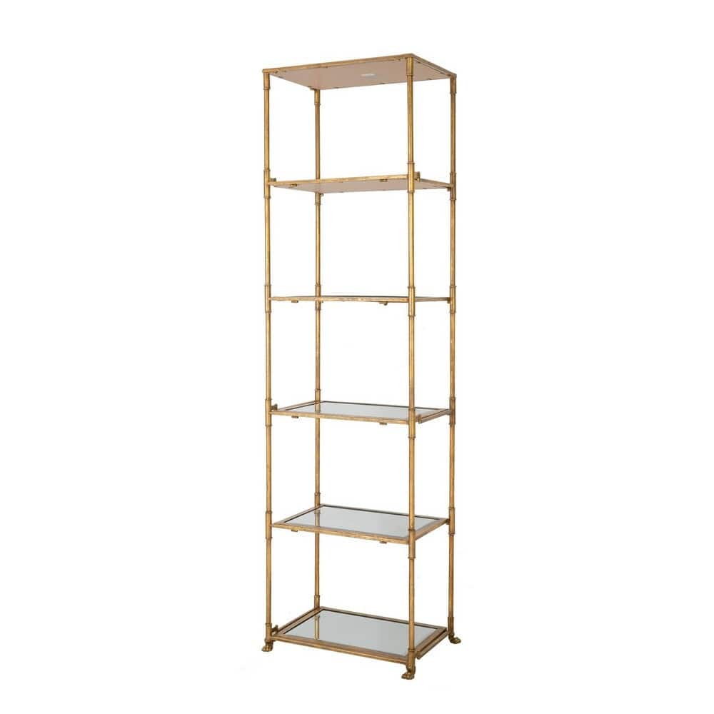 71 Inch Shelf, 6 Tier Design, 5 Glass Shelves, Iron Frame, Gold Finish - 70.5 H x 14.5 W x 20 L Inches