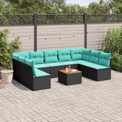 vidaXL 10 Piece Patio Sofa Set with Cushions Black Poly Rattan - 24.4 x 24.4 x 27.2